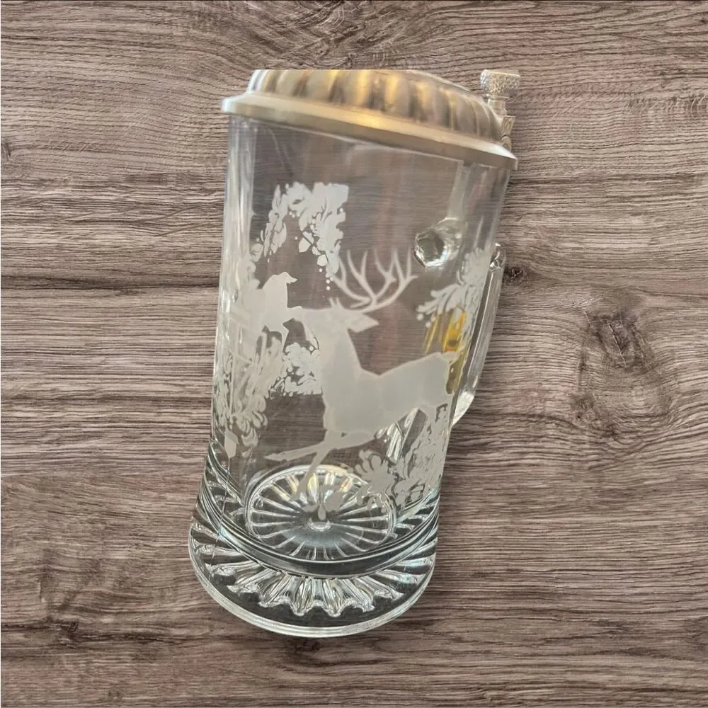 Vintage German Crystal Glass Beer Stein w/ Pewter Lid Set of 2